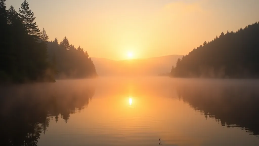 Serene lake view at sunrise with mist rising from calm waters and forest shoreline in golden morning light