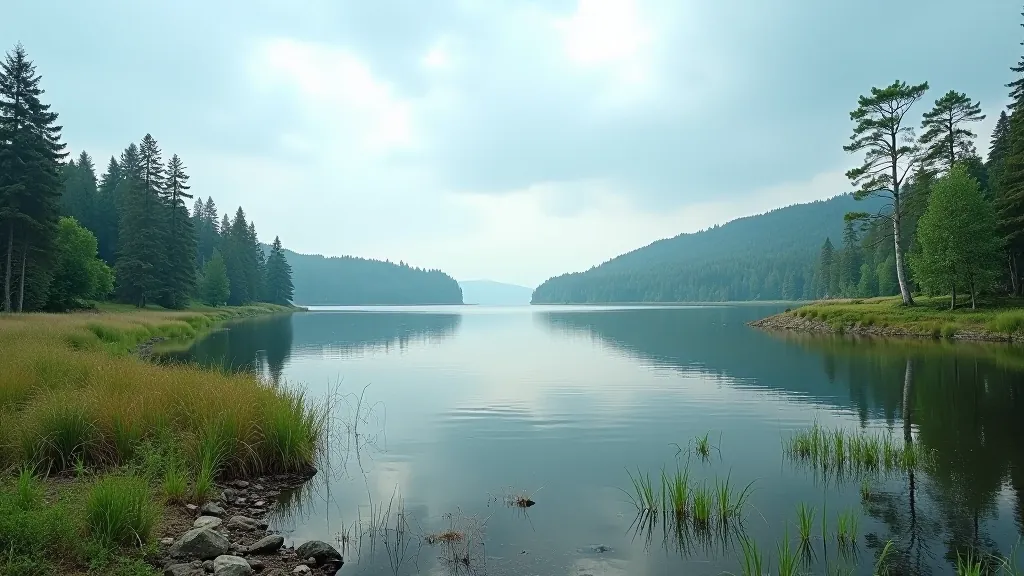 Wide landscape view of Rāzna National Park showing vast lake surface, forested shoreline, and natural wetland environment under open sky