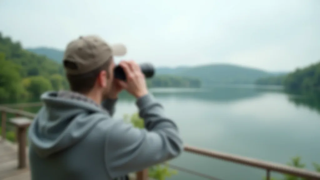 Person using binoculars at wooden railing with lake landscape and cloudy sky visible behind them