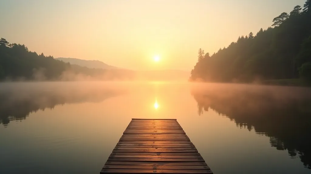 Serene lake landscape with wooden bird watching platform at sunrise, misty waters reflecting golden light through forest trees