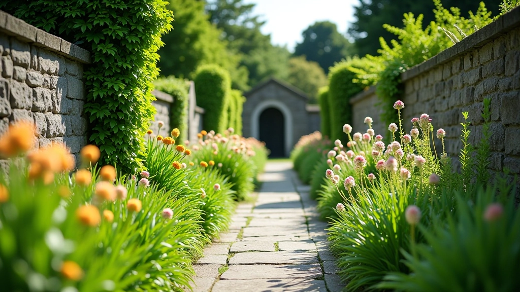Serene monastic garden with stone structures and herb plantings in peaceful setting