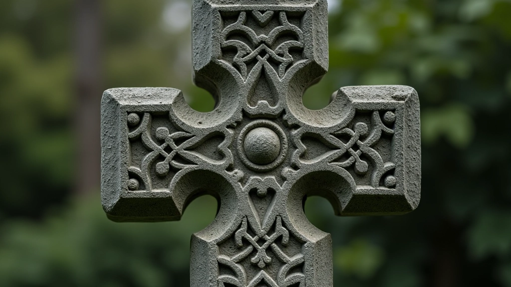 Weathered Celtic high cross with carved biblical scenes and geometric patterns